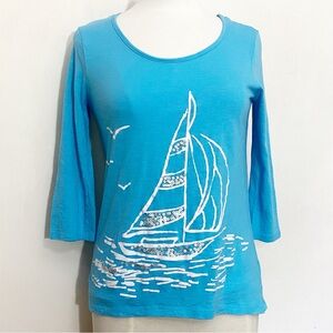CARIBBEAN JOE sailboat graphic w/ sequins 3/4 sleeve 100% cotton knit tee top S